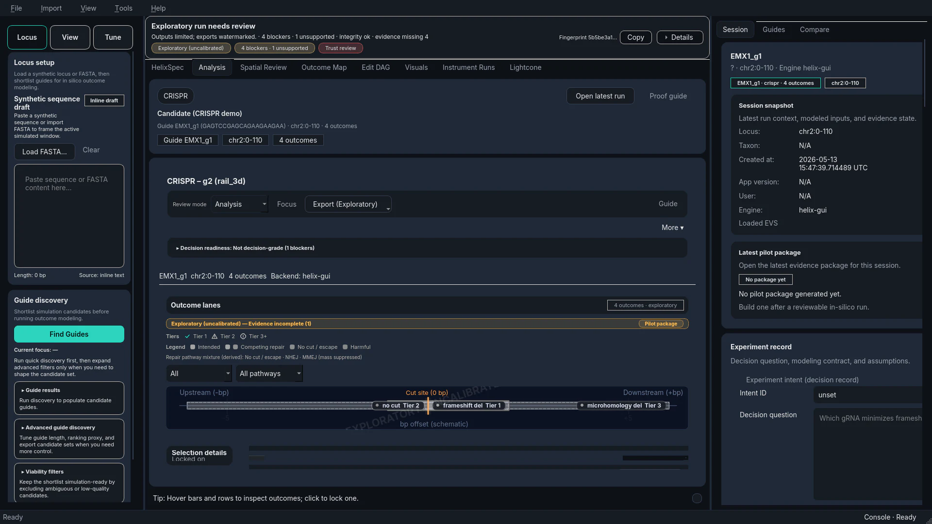Omnis Helix workspace showing genome design, simulation, and review surfaces